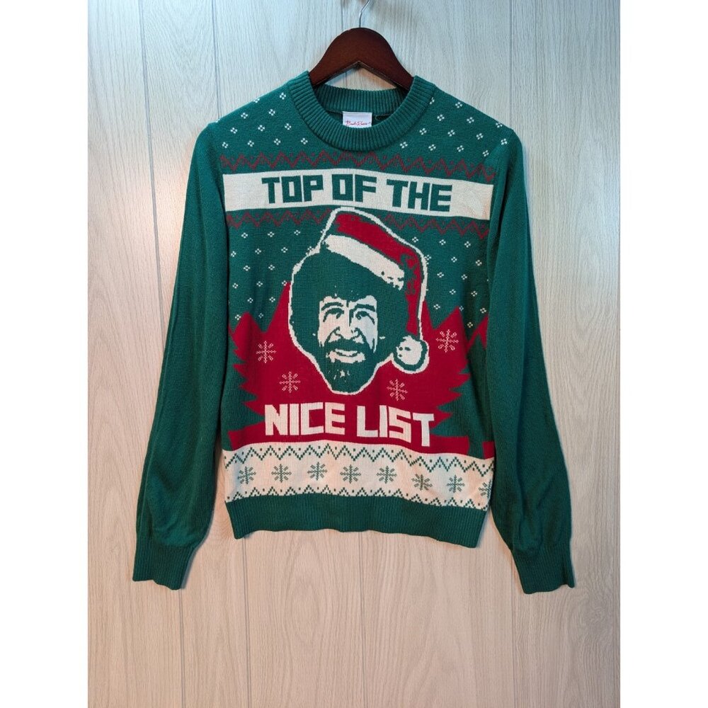 Bob Ross Ugly Christmas Sweater Mens Small Top Of The Nice List Green Crew Neck